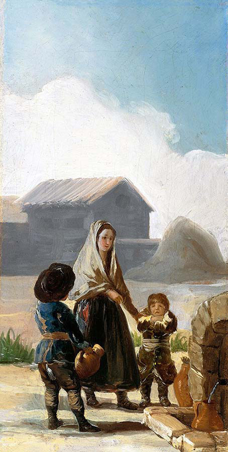 Women and Two Children by a Fountain